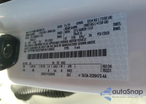 2022 Ford F150 Supercrew z USA, uszkodzony, nr VIN 1FTFW1ED7NFA13052